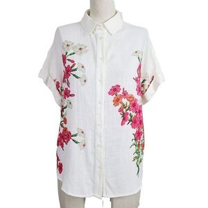 NEW Desigual blouse S Cream Pink Floral Linen Blend Buttoned Short Sleeve Top‎